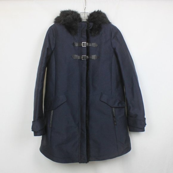 NWOT ZARA BASIC Navy Blue Winter Parka,‎ Faux Fur Hood. Size Small. - Picture 1 of 10